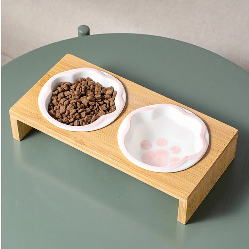 Cartoon Paw Design Raised Pet Bowls with Wooden Stand
