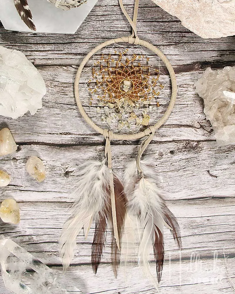 Citrine Gemstone Energy Flow Tan Leather Dreamcatcher 4"