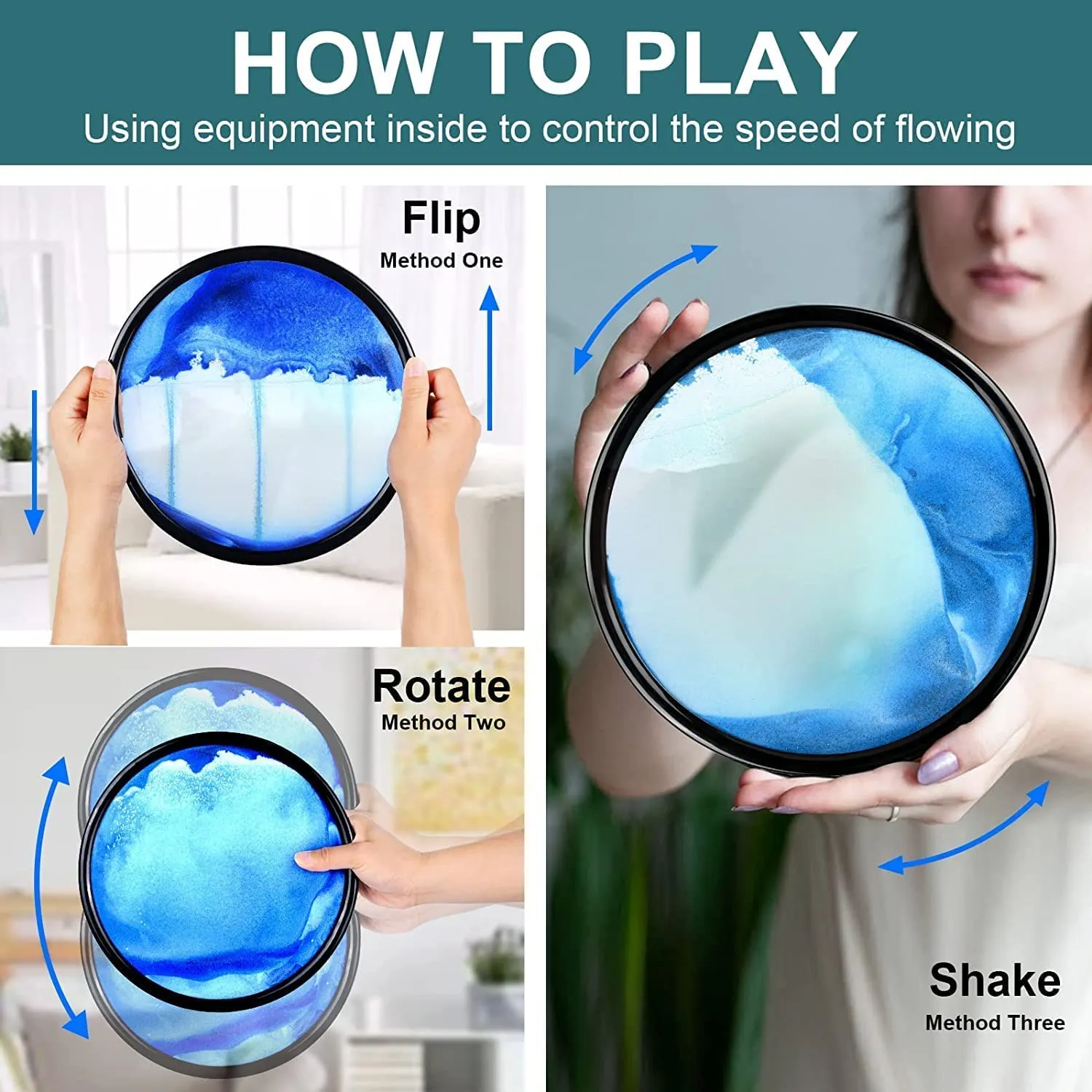 DONDA 3D Moving Sand Art Picture in Motion, Round Tempered Glass, Relaxing Deep Sea Sandscapes with Display Flowing Frame for Desktop, Home, Office, Work, Décor, Kids, Adults (Blue)