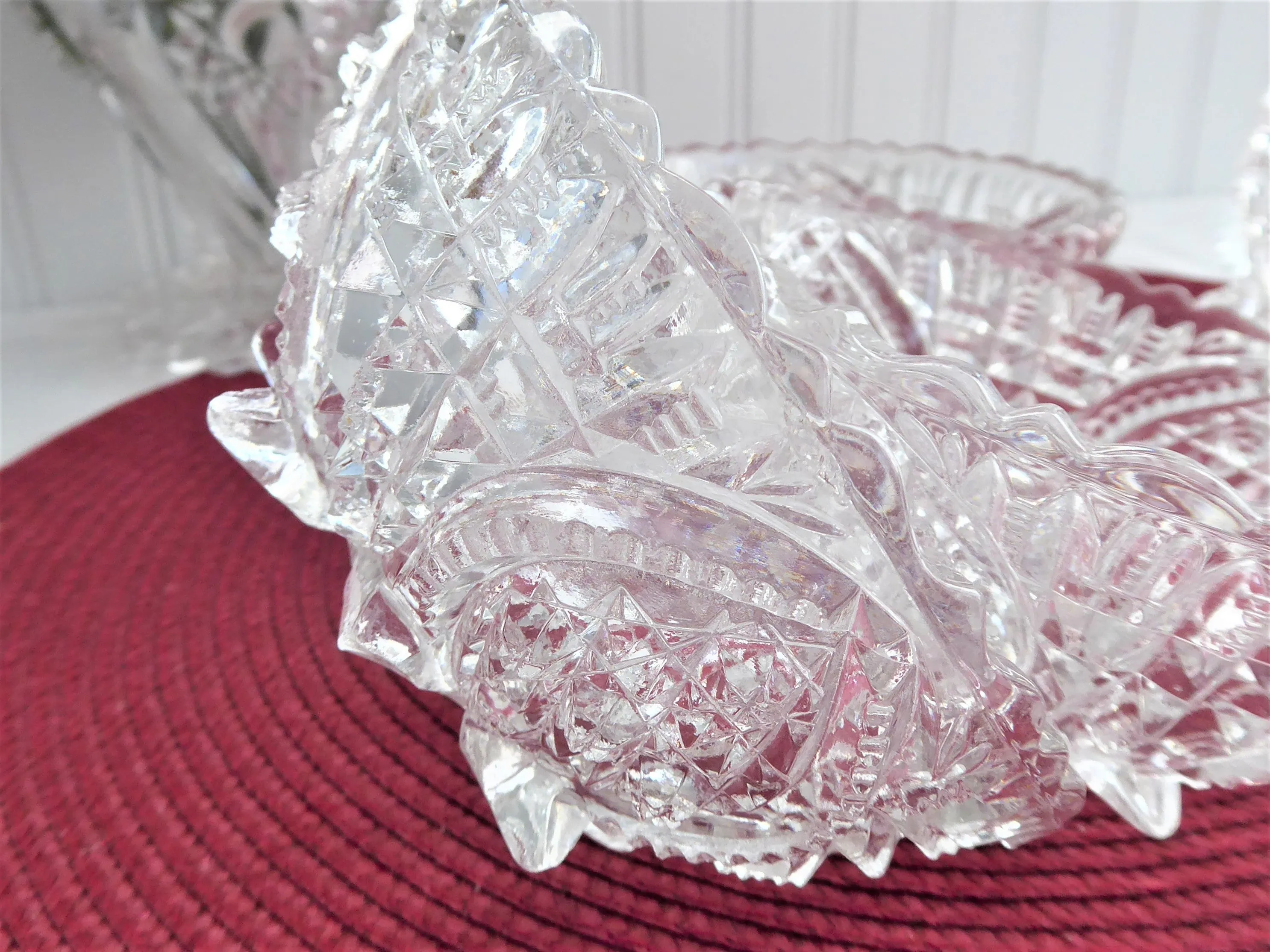 Four Lead Crystal Berry Bowls American Faceted Dessert Diamond Arch Footed 1950s