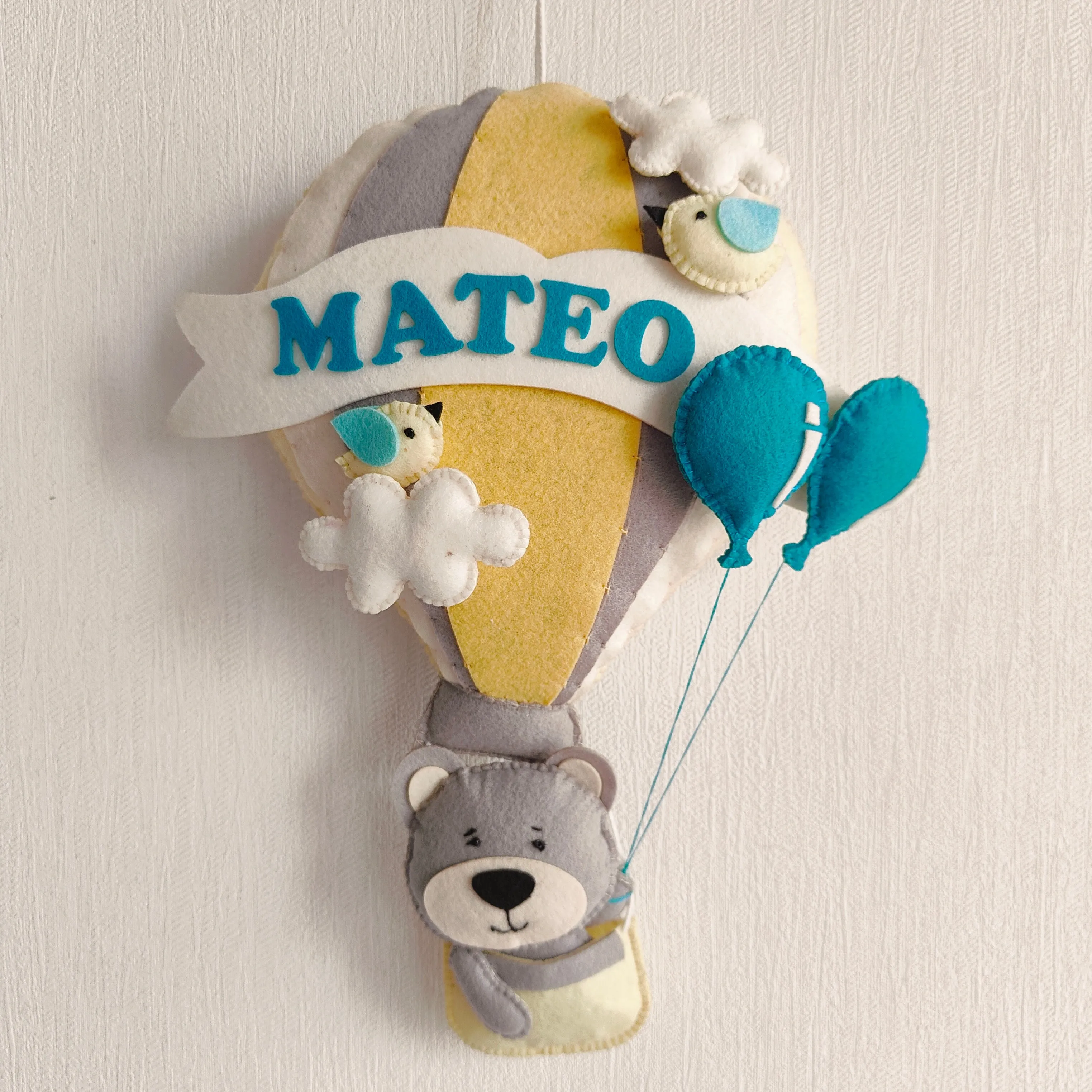 Grey Teddy in a Hot Air Balloon Name Hanging
