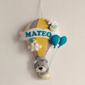 Grey Teddy in a Hot Air Balloon Name Hanging