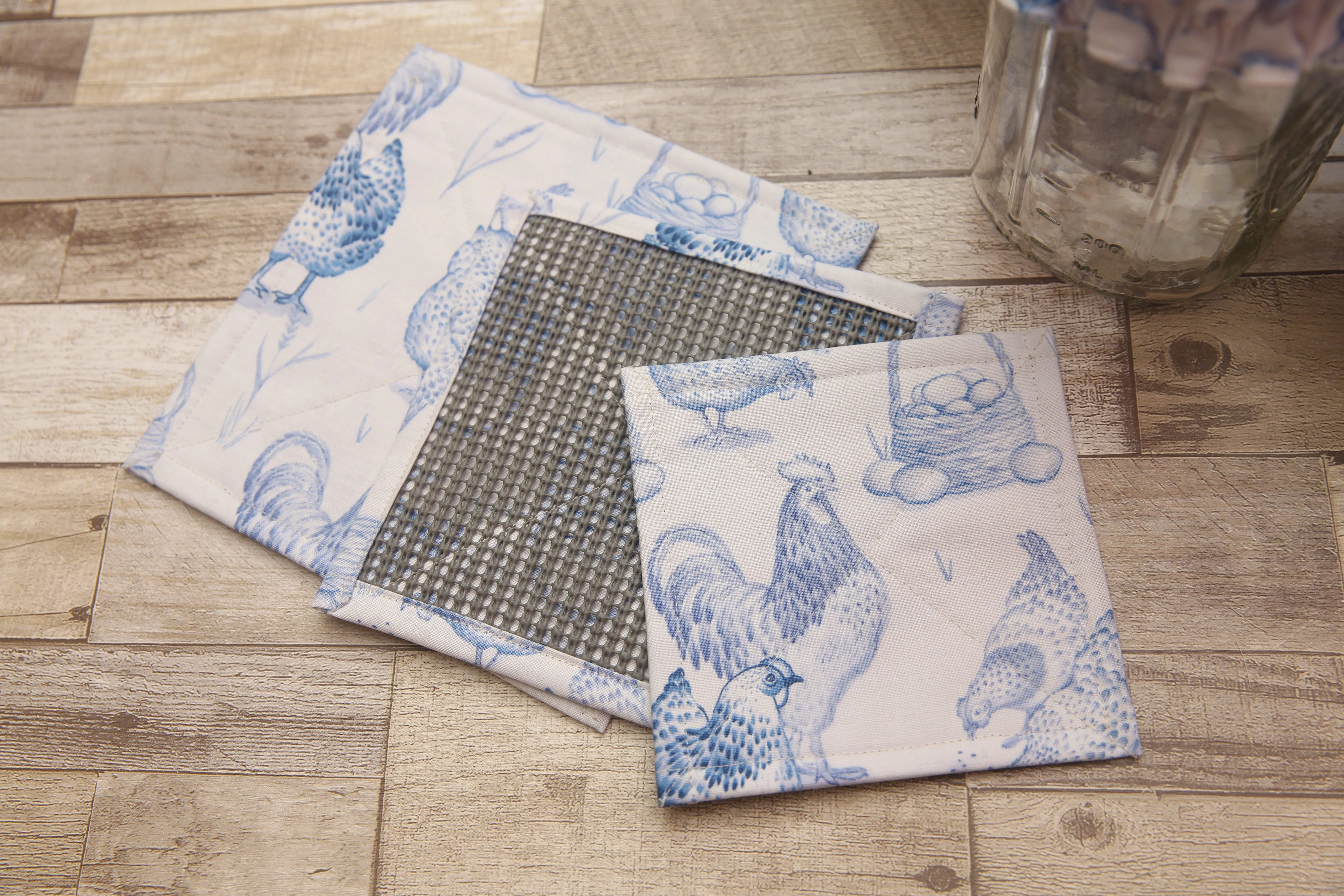 NON-PROP (Blue Chickens) Bowl, Jar, Cup, Plate COVERS; Hot Pad; Jar Opener; Blue Chickens; MADE TO ORDER