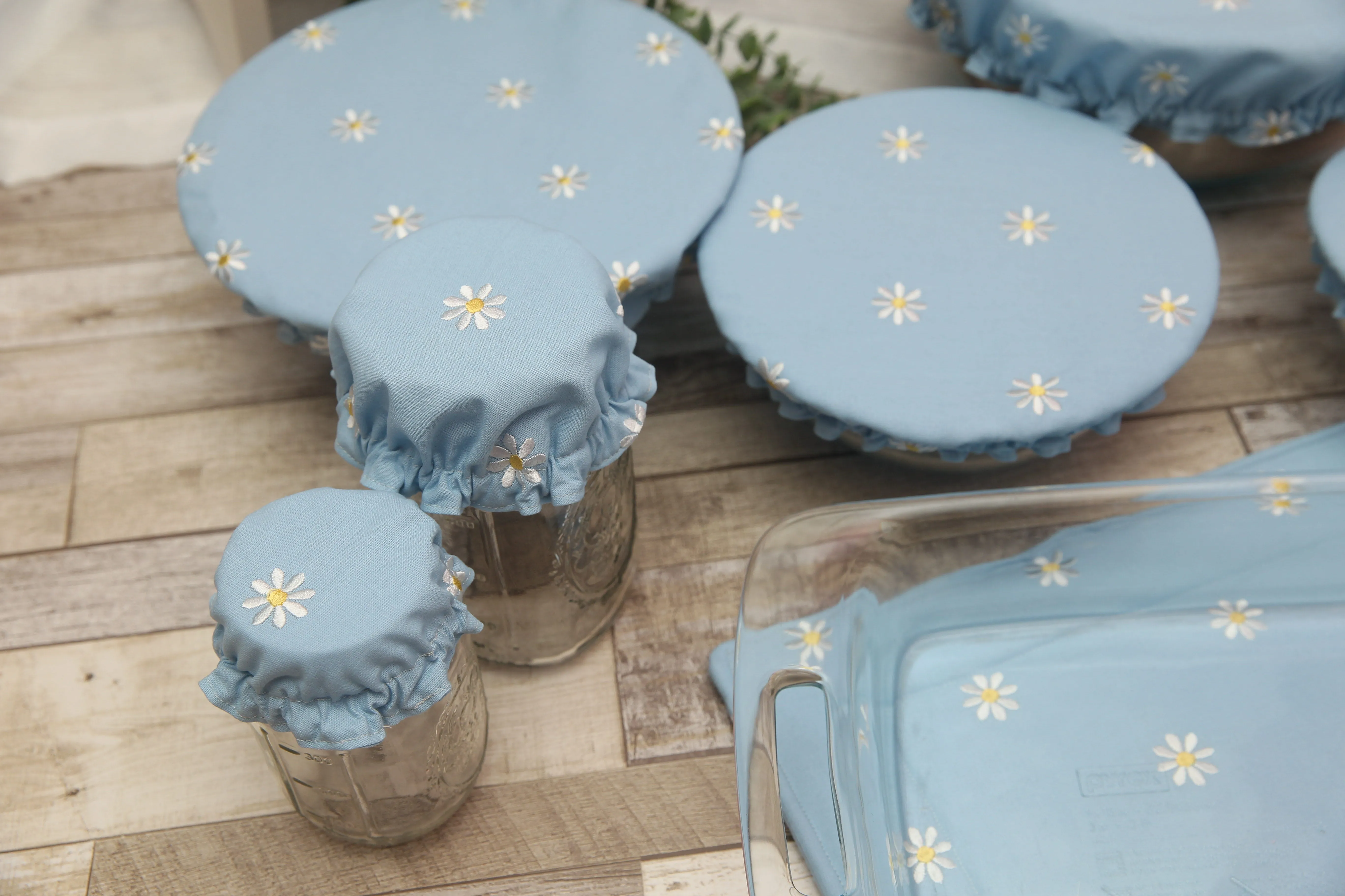NON-PROP (Blue Daisies) Bowl, Jar, Cup, Plate COVERS; Hot Pad; Jar Opener; Blue Daisies; MADE TO ORDER