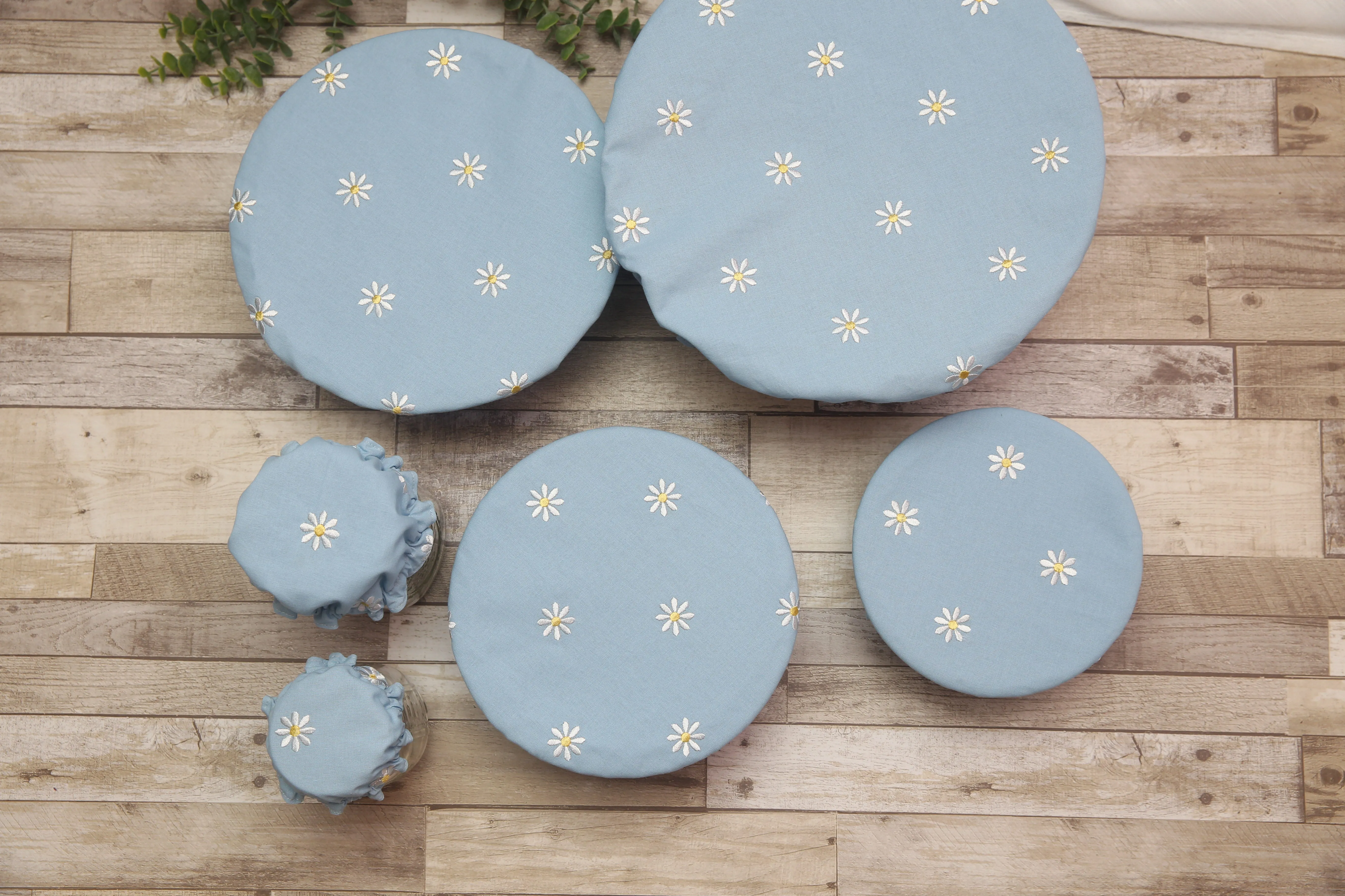 NON-PROP (Blue Daisies) Bowl, Jar, Cup, Plate COVERS; Hot Pad; Jar Opener; Blue Daisies; MADE TO ORDER