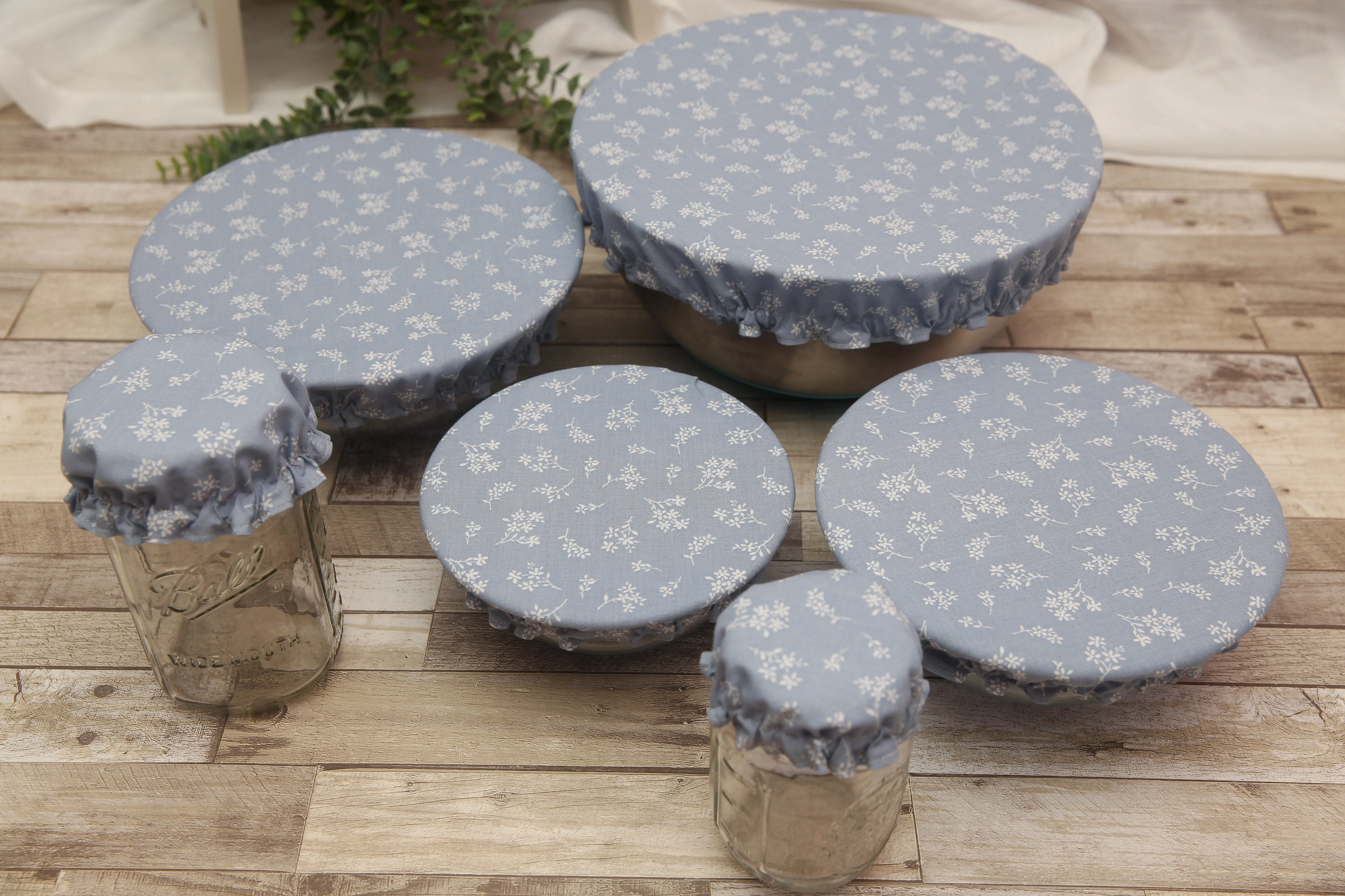 NON-PROP (Blue Tiny Flowers) Bowl, Jar, Cup, Plate COVERS; Hot Pad; Jar Opener; Blue Tiny Flowers; MADE TO ORDER