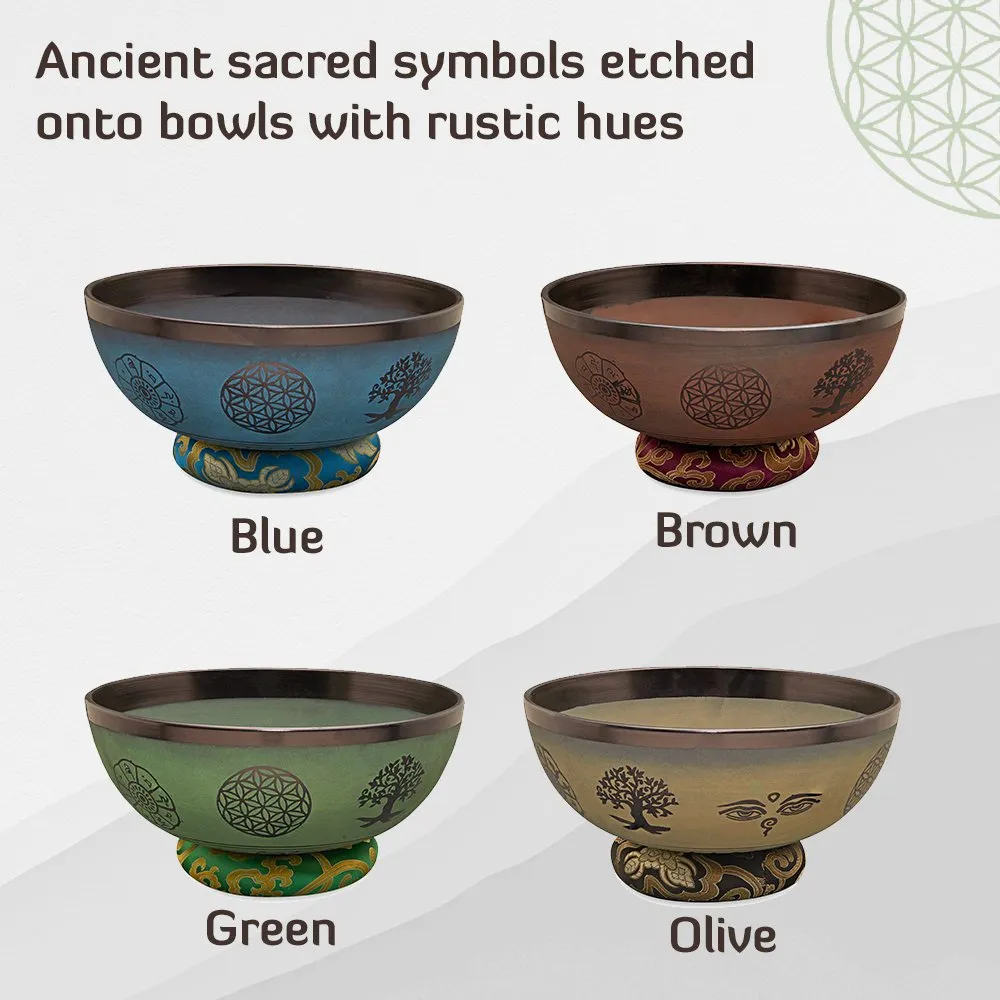 Singing Bowls- Rustic- Flower of Life- Olive Green- 8inches